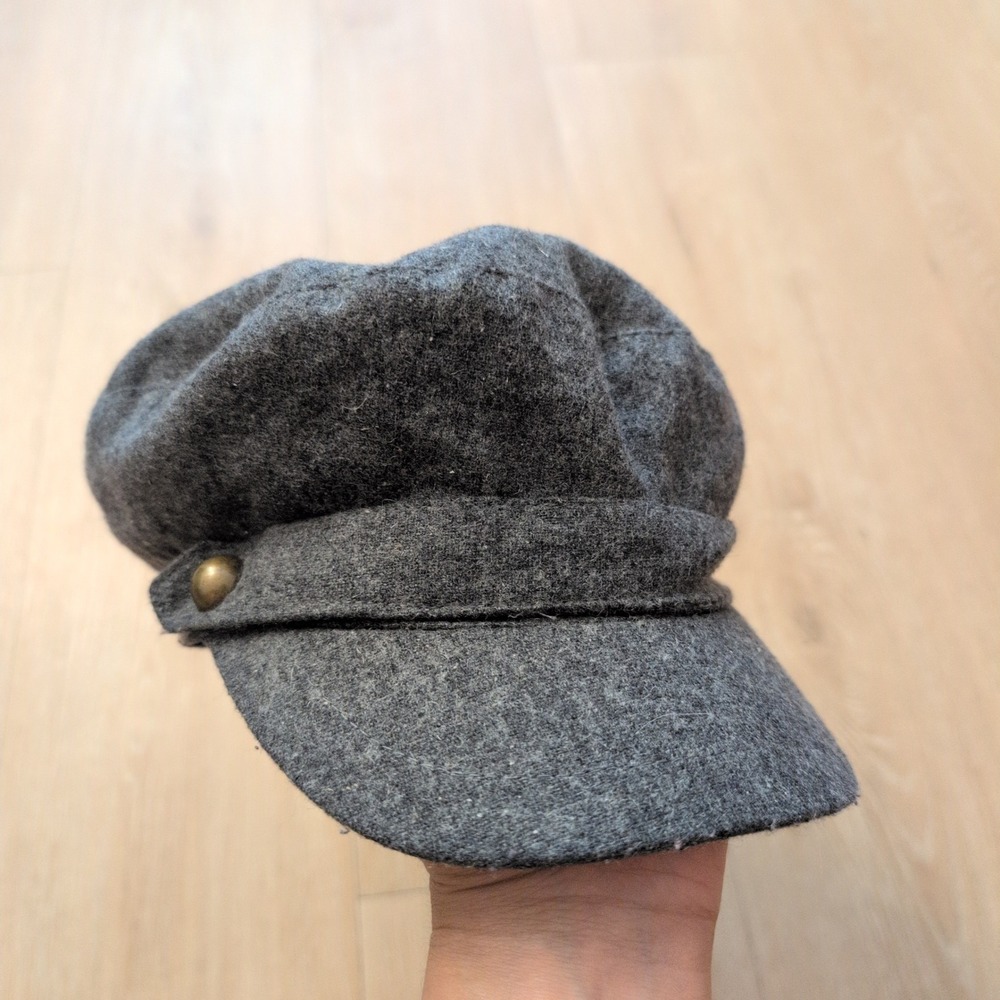 Trixie Charcoal Gray Wool Blend Newsboy Baker Boy Cap Hat with Brass Buttons